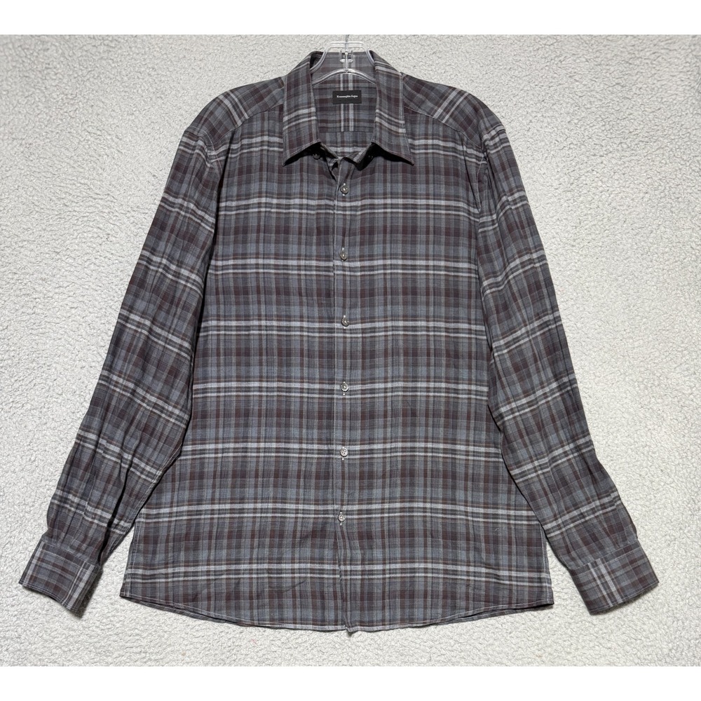 Ermenegildo Zegna long sleeve button up Plaid shirt mens Large 100% Cotton